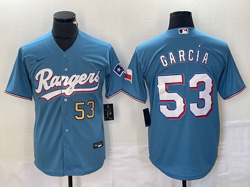 Men Texas Rangers 53 Garcia Light Blue Game Nike 2023 MLB Jersey